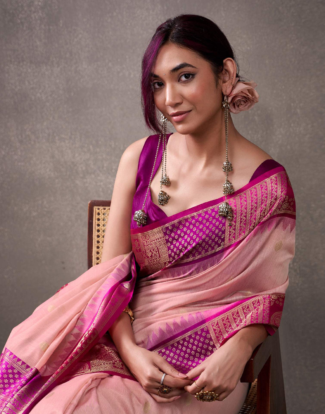 Dusty Rose Pink Cotton Woven Banarasi Saree