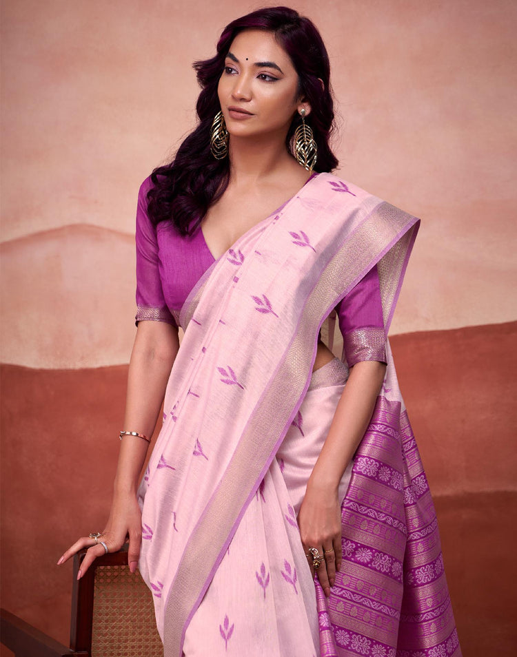Baby Pink Cotton Woven Printed Saree