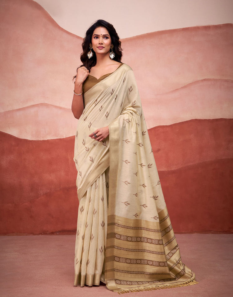 Beige Cotton Woven Printed Saree