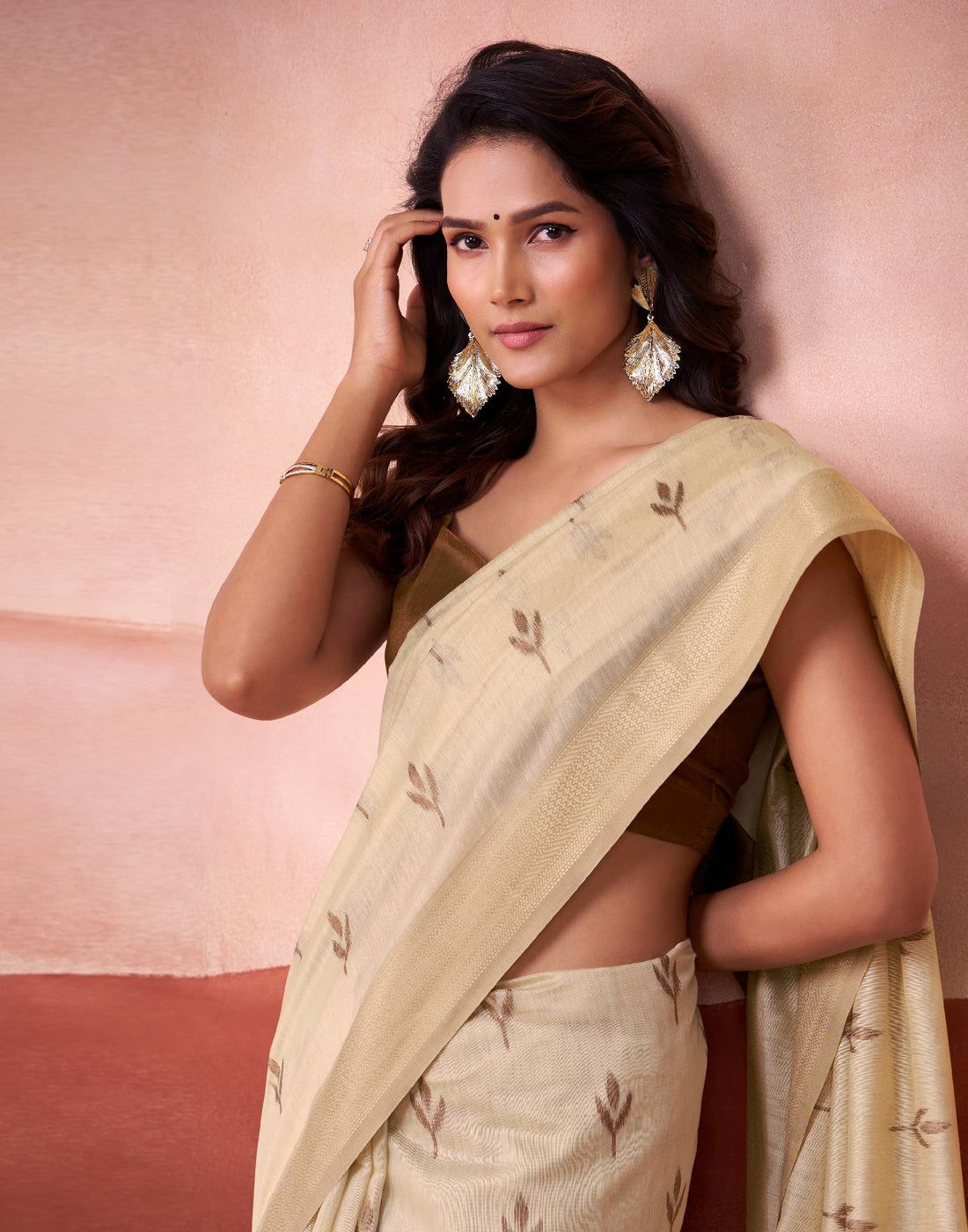 Beige Cotton Woven Printed Saree