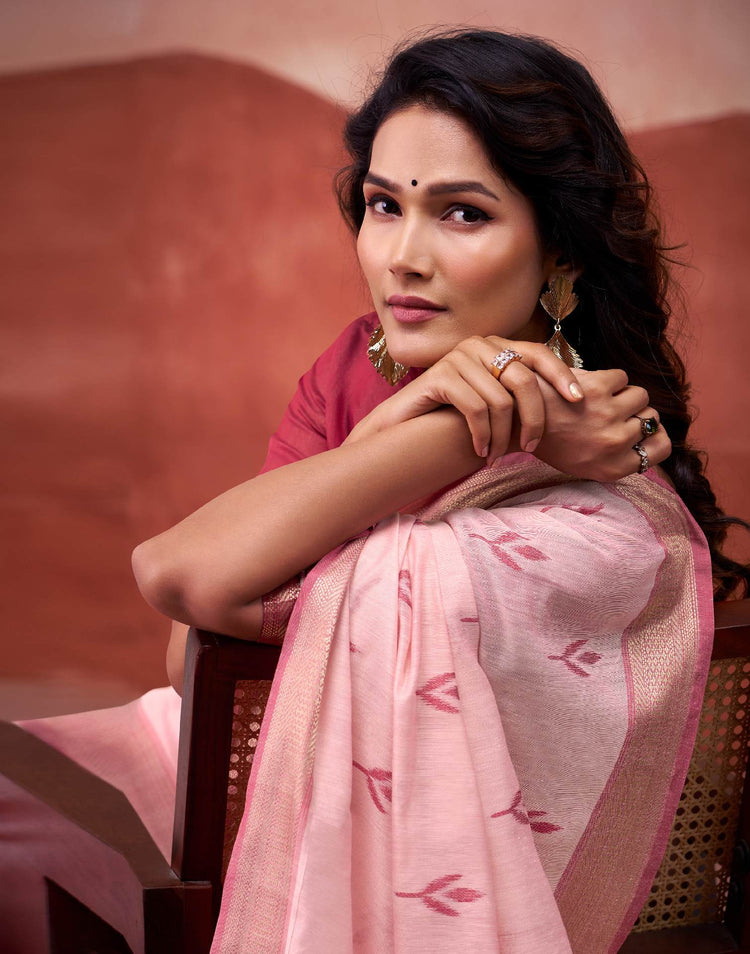 Light Pink Cotton Woven Printed Saree