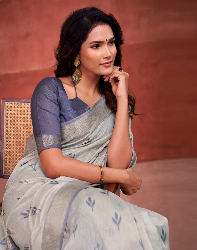 Grey Cotton Woven Printed Saree