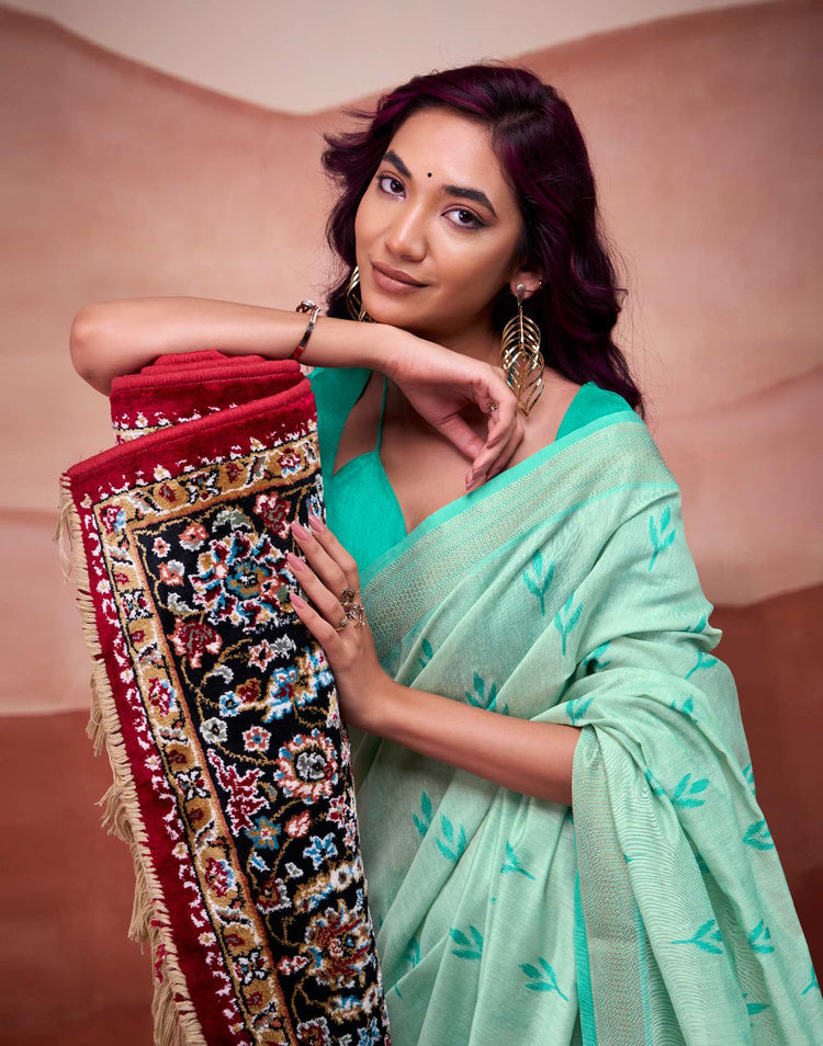 Light Teal Green Cotton Woven Printed Saree