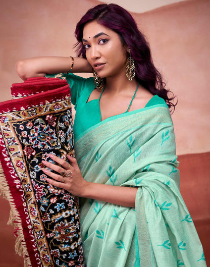 Light Teal Green Cotton Woven Printed Saree