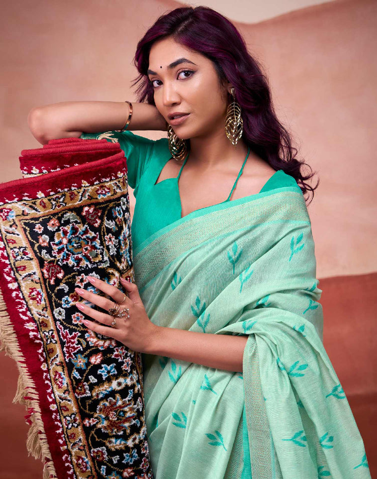 Light Teal Green Cotton Woven Printed Saree