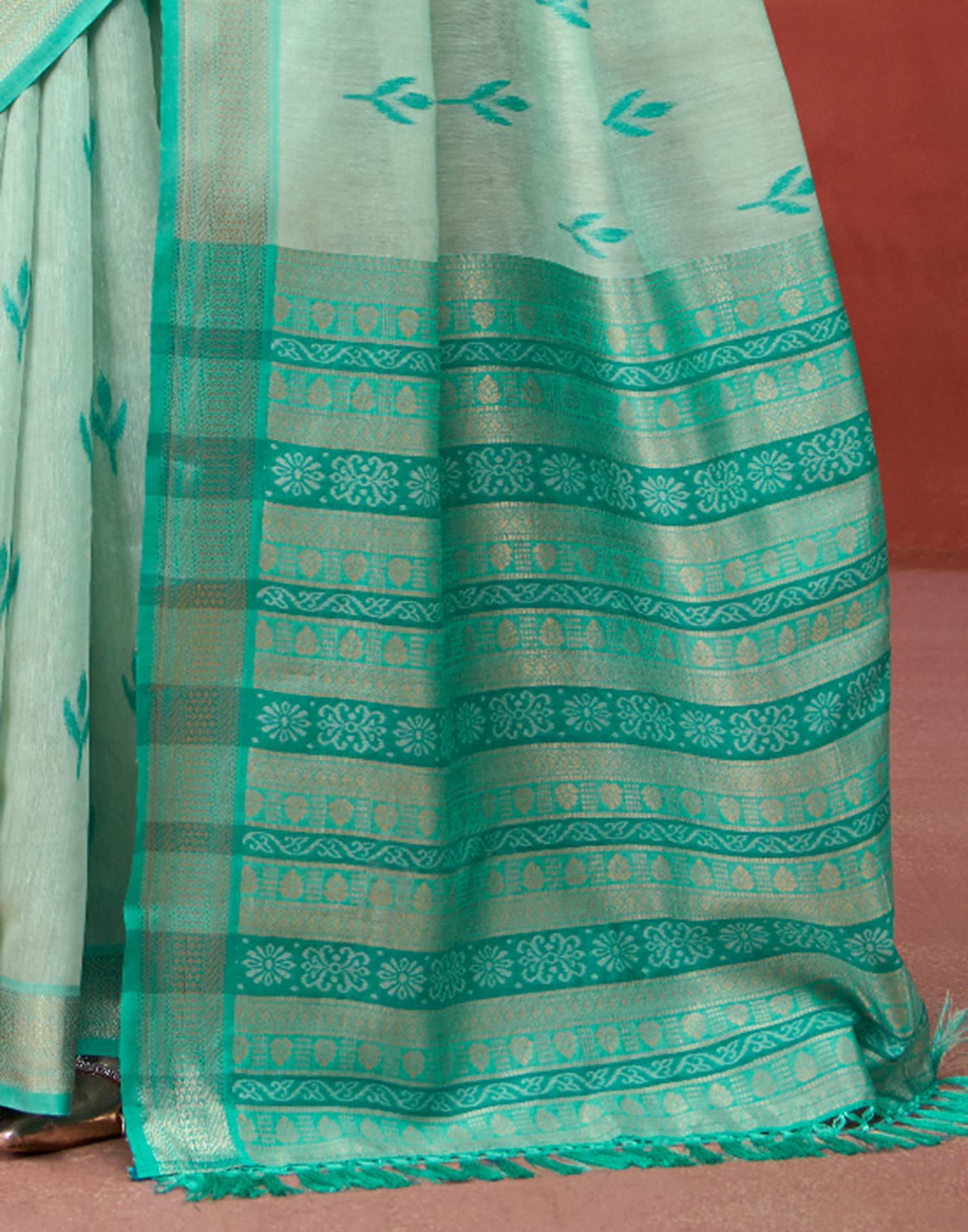Light Teal Green Cotton Woven Printed Saree