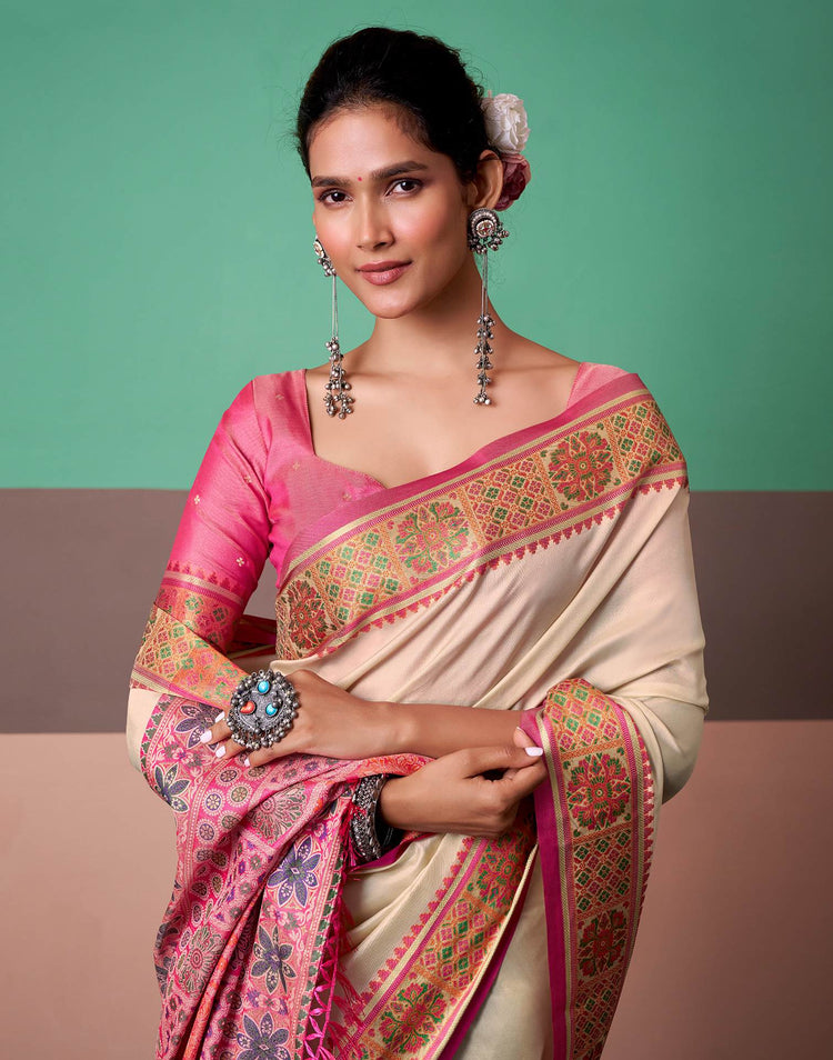 Cream Silk Woven Patola Saree