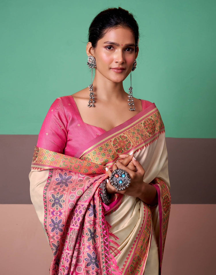 Cream Silk Woven Patola Saree
