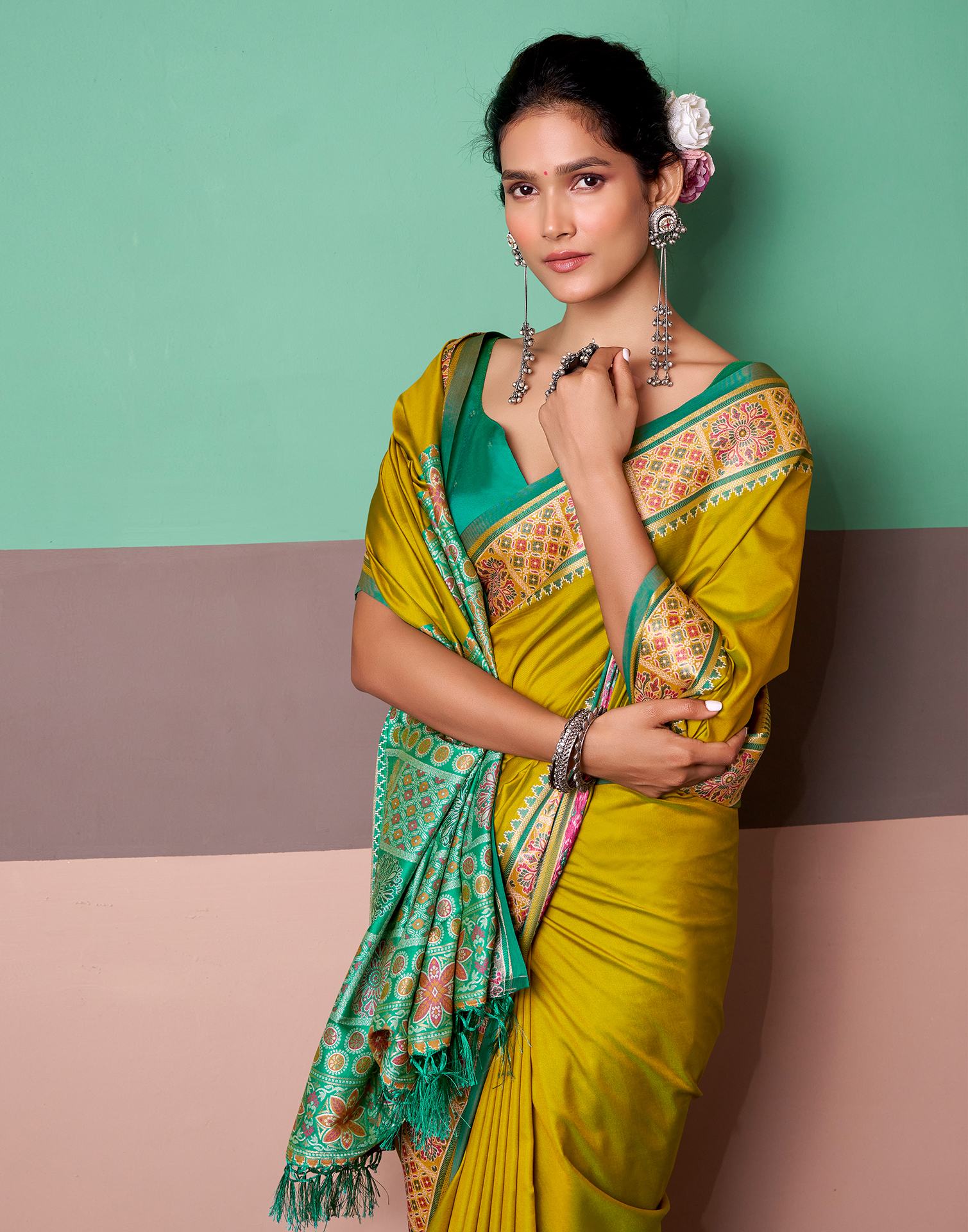 Lime Yellow Silk Woven Patola Saree