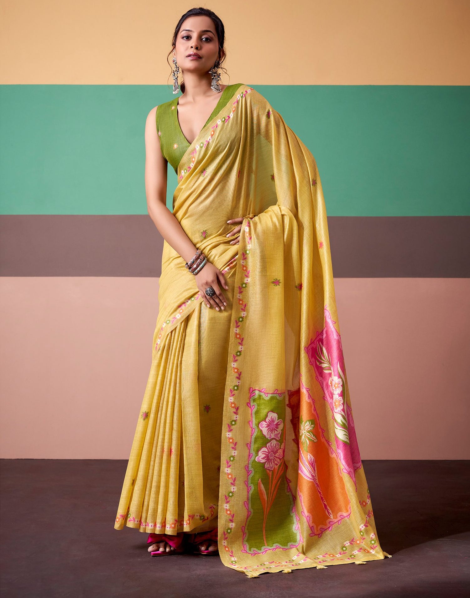 Light Yellow Silk Printed Saree