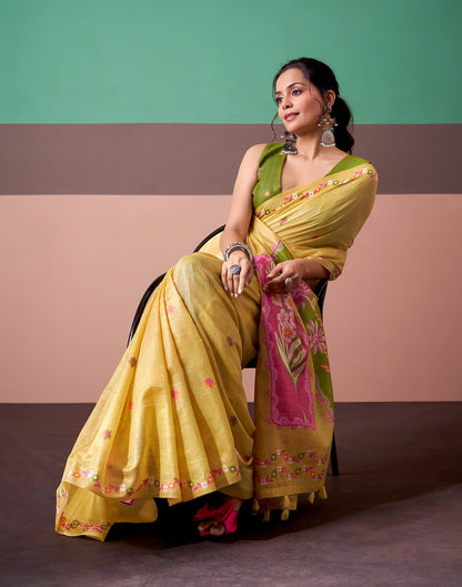 Light Yellow Silk Printed Saree