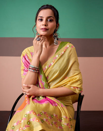 Light Yellow Silk Printed Saree