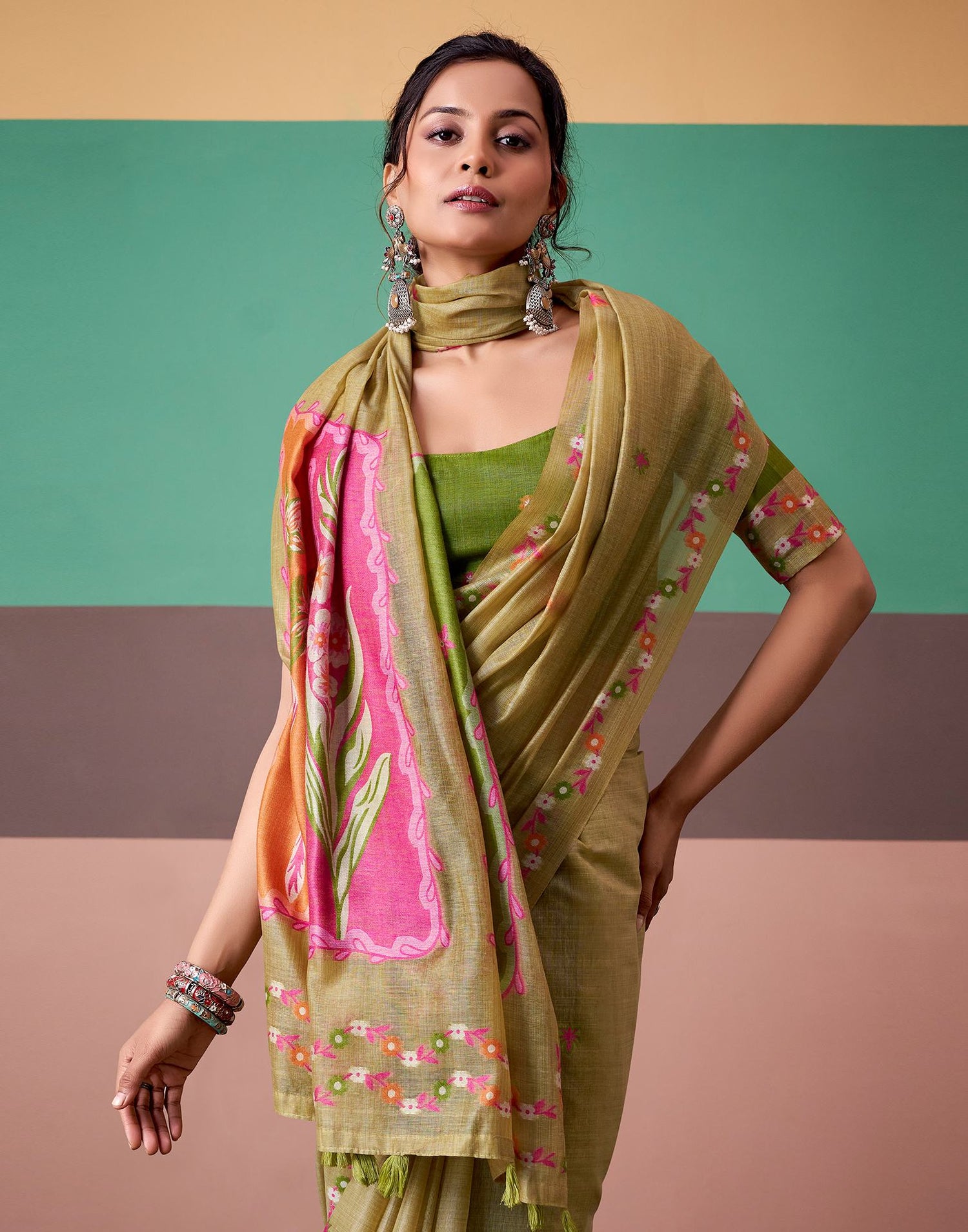 Light Khaki Silk Printed Saree