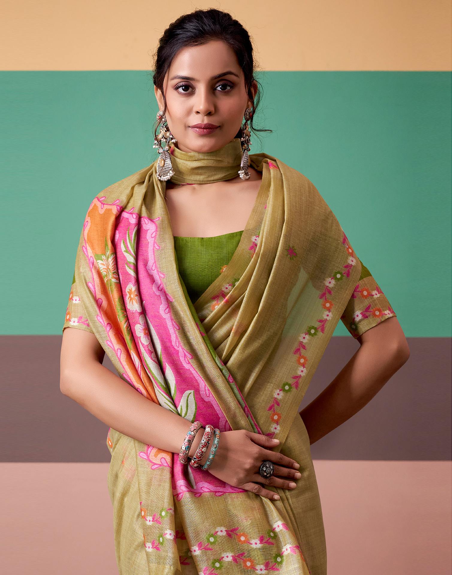 Light Khaki Silk Printed Saree