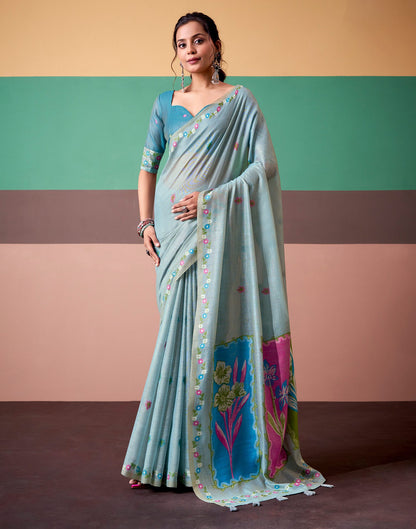 Light Blue Silk Printed Saree