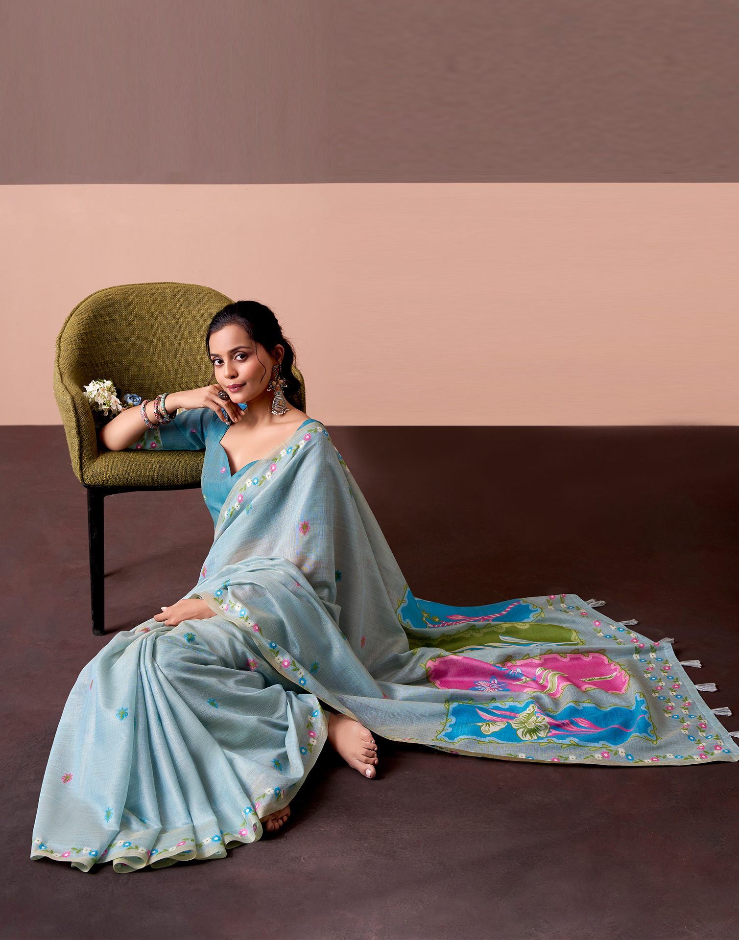 Light Blue Silk Printed Saree