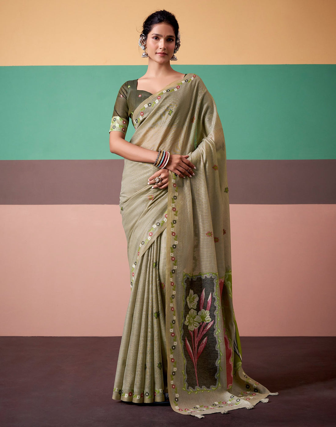 Light Olive Green Silk Printed Saree