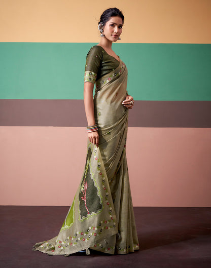 Light Olive Green Silk Printed Saree