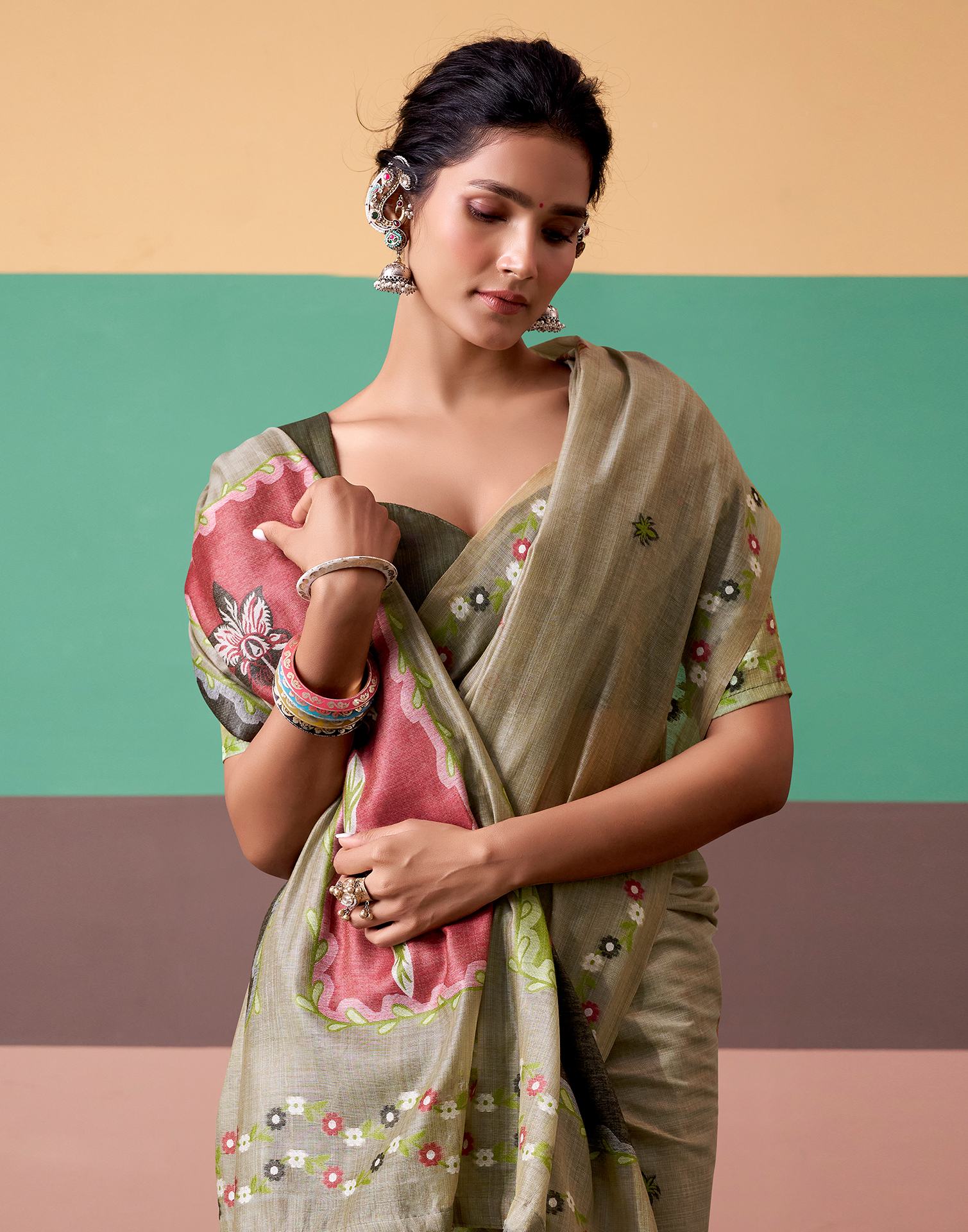 Light Olive Green Silk Printed Saree