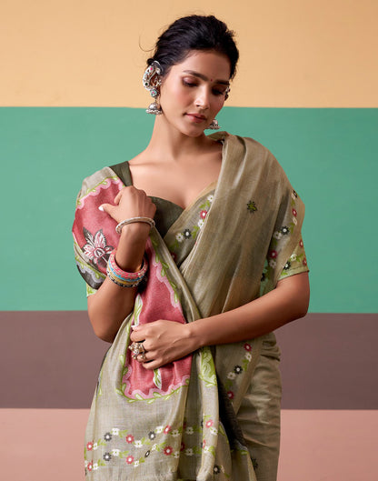Light Olive Green Silk Printed Saree