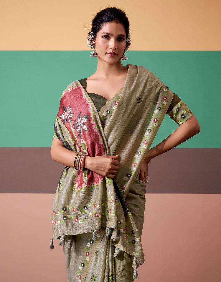 Light Olive Green Silk Printed Saree