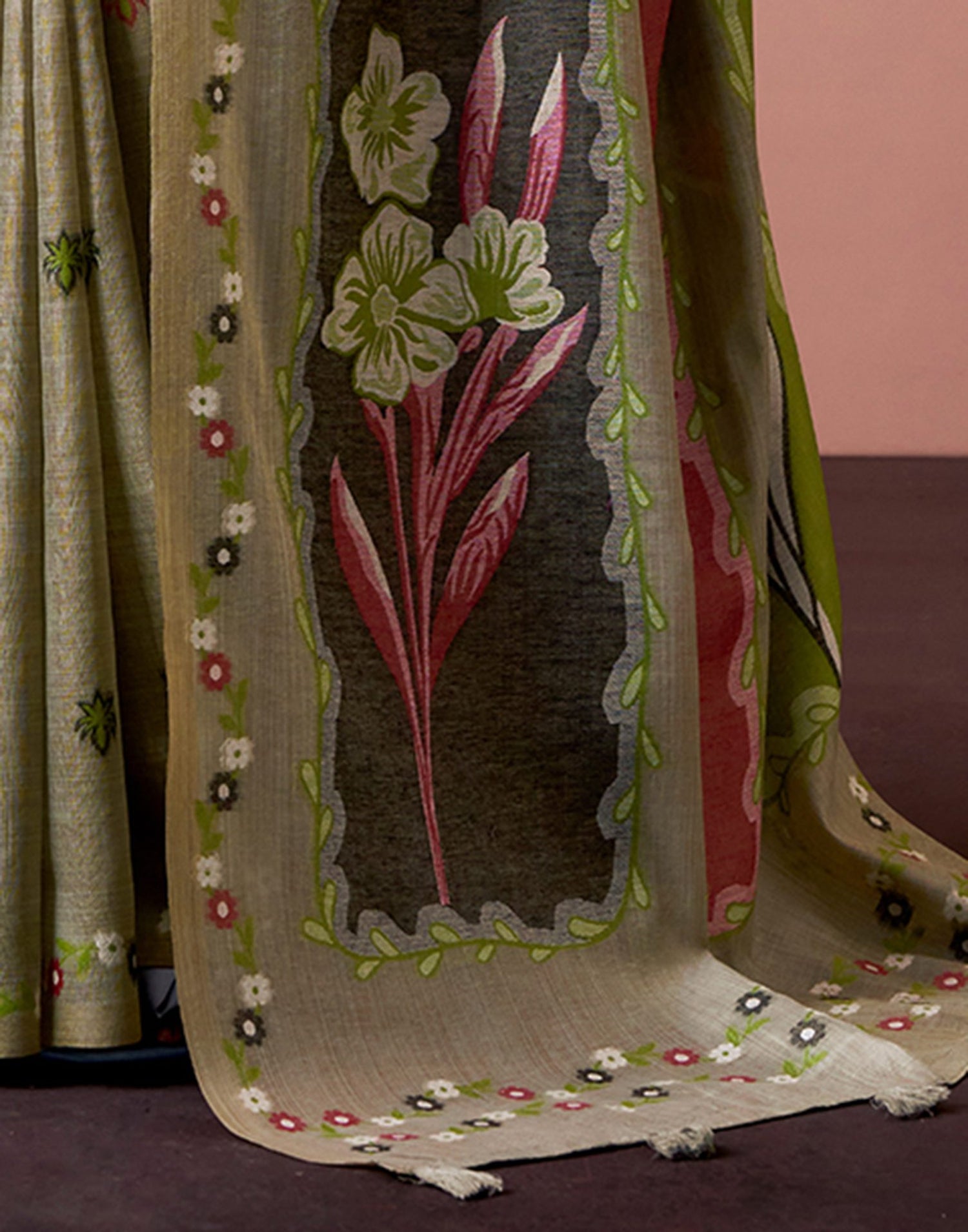 Light Olive Green Silk Printed Saree