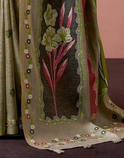Light Olive Green Silk Printed Saree