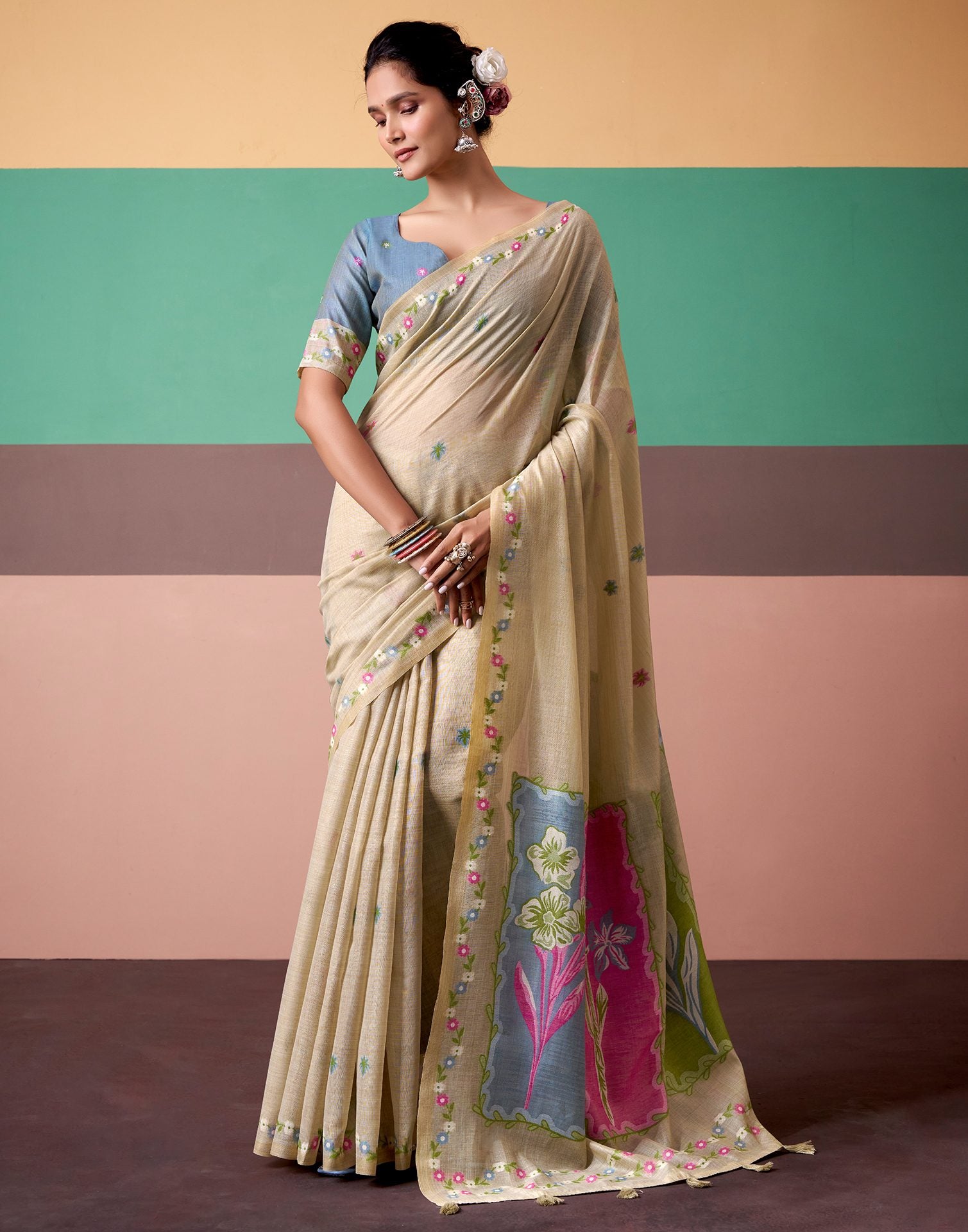Beige Silk Printed Saree