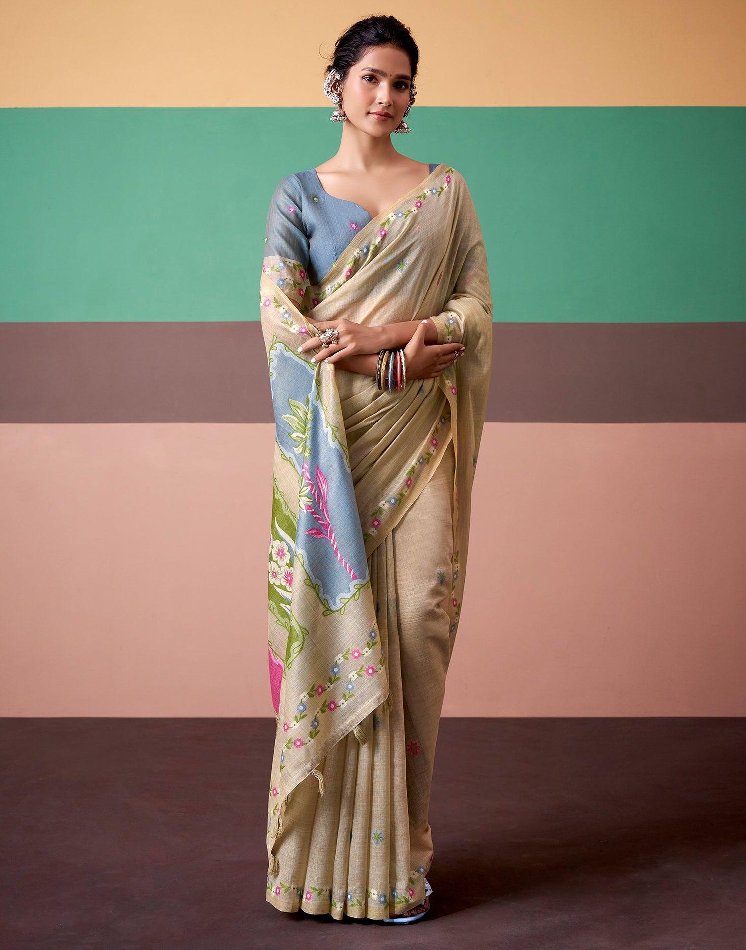 Beige Silk Printed Saree