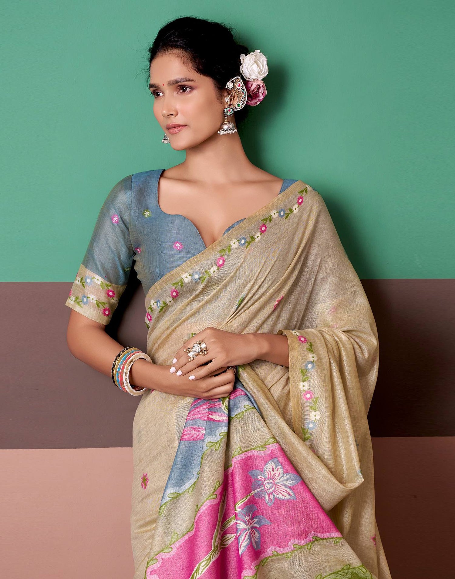 Beige Silk Printed Saree