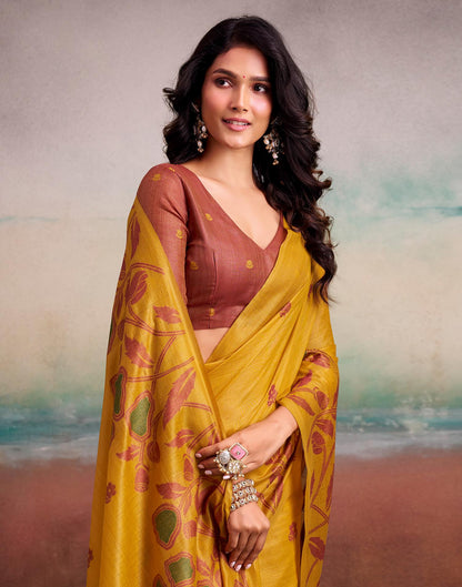 Yellow Silk Printed Saree