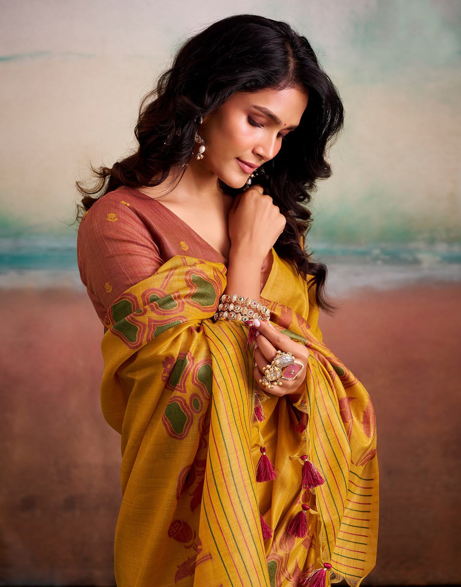 Yellow Silk Printed Saree