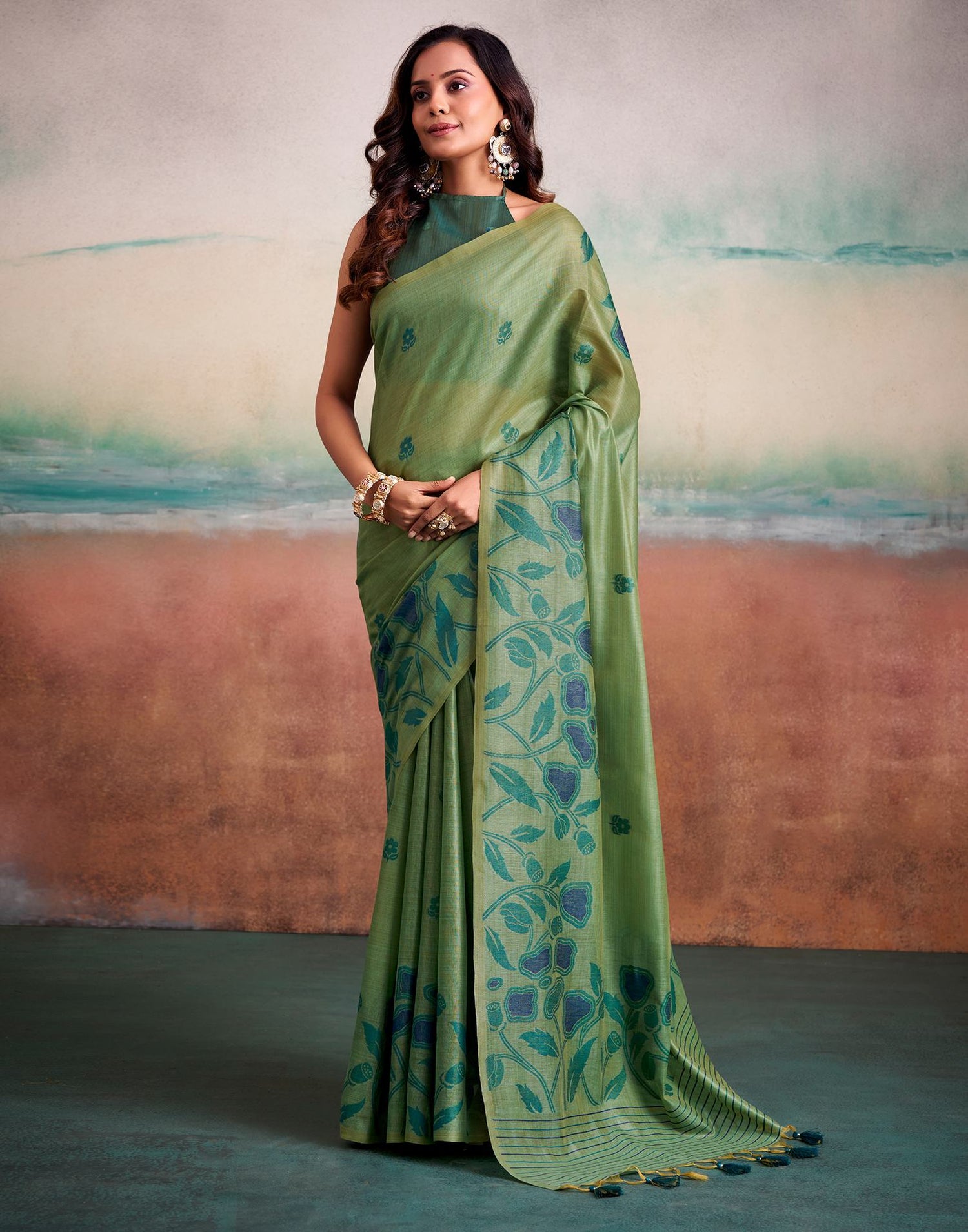 Mehndi Green Silk Printed Saree