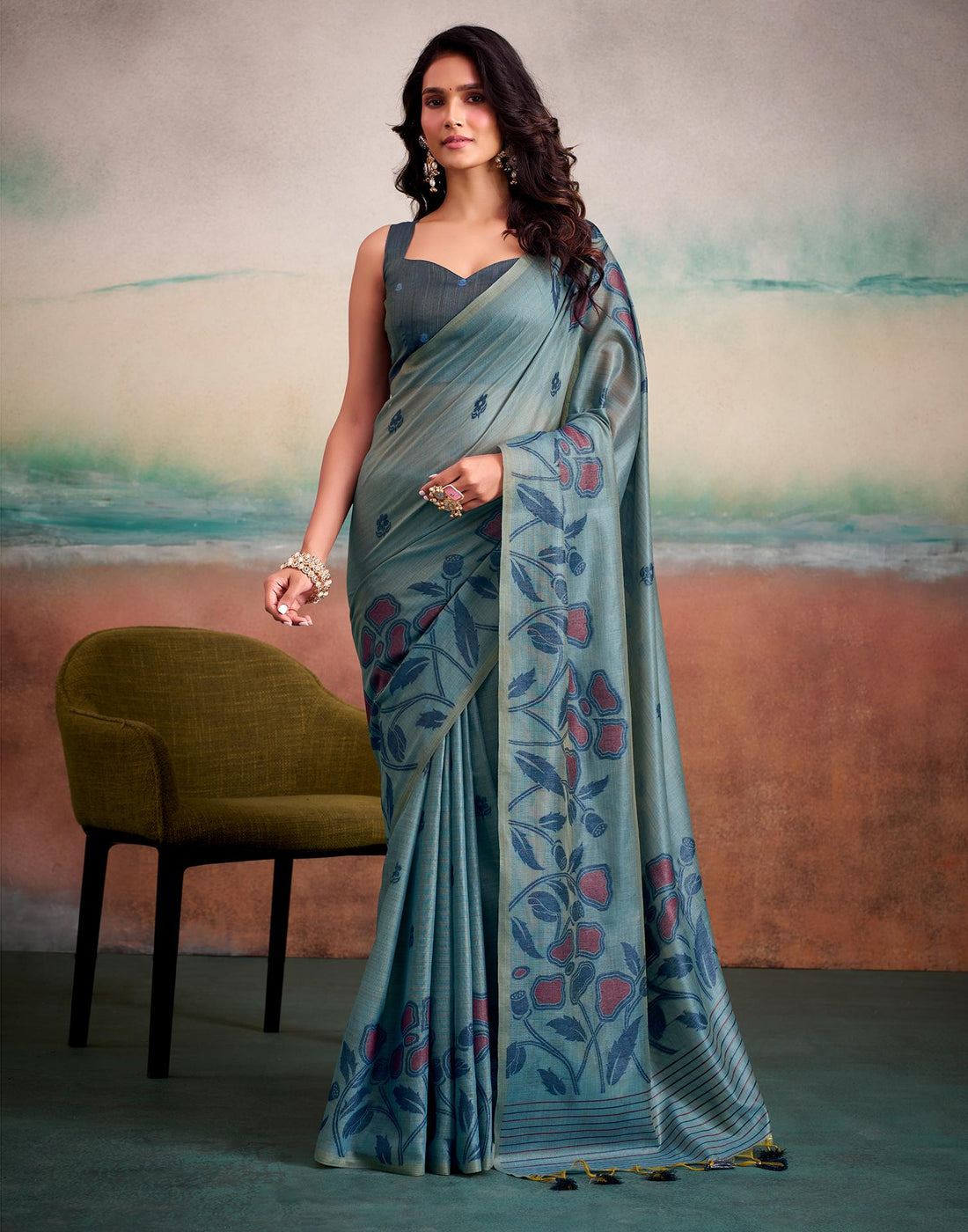 Grey Silk Printed Saree