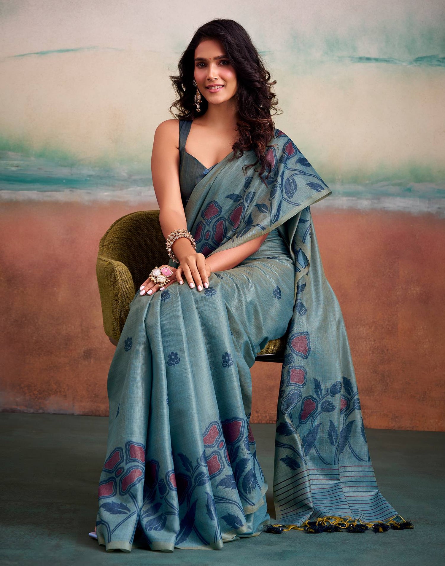 Grey Silk Printed Saree
