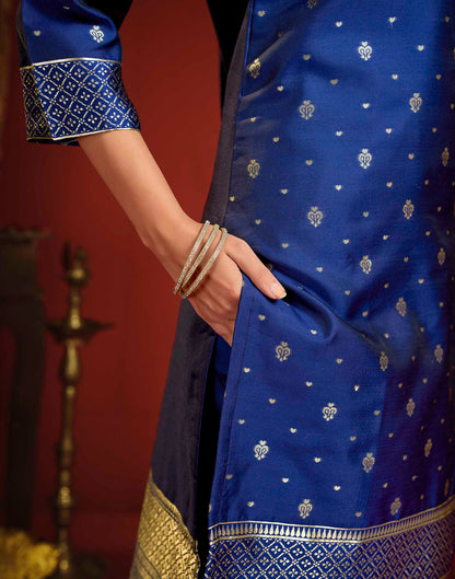 Navy Blue Silk Woven Straight Kurta Set With Dupatta