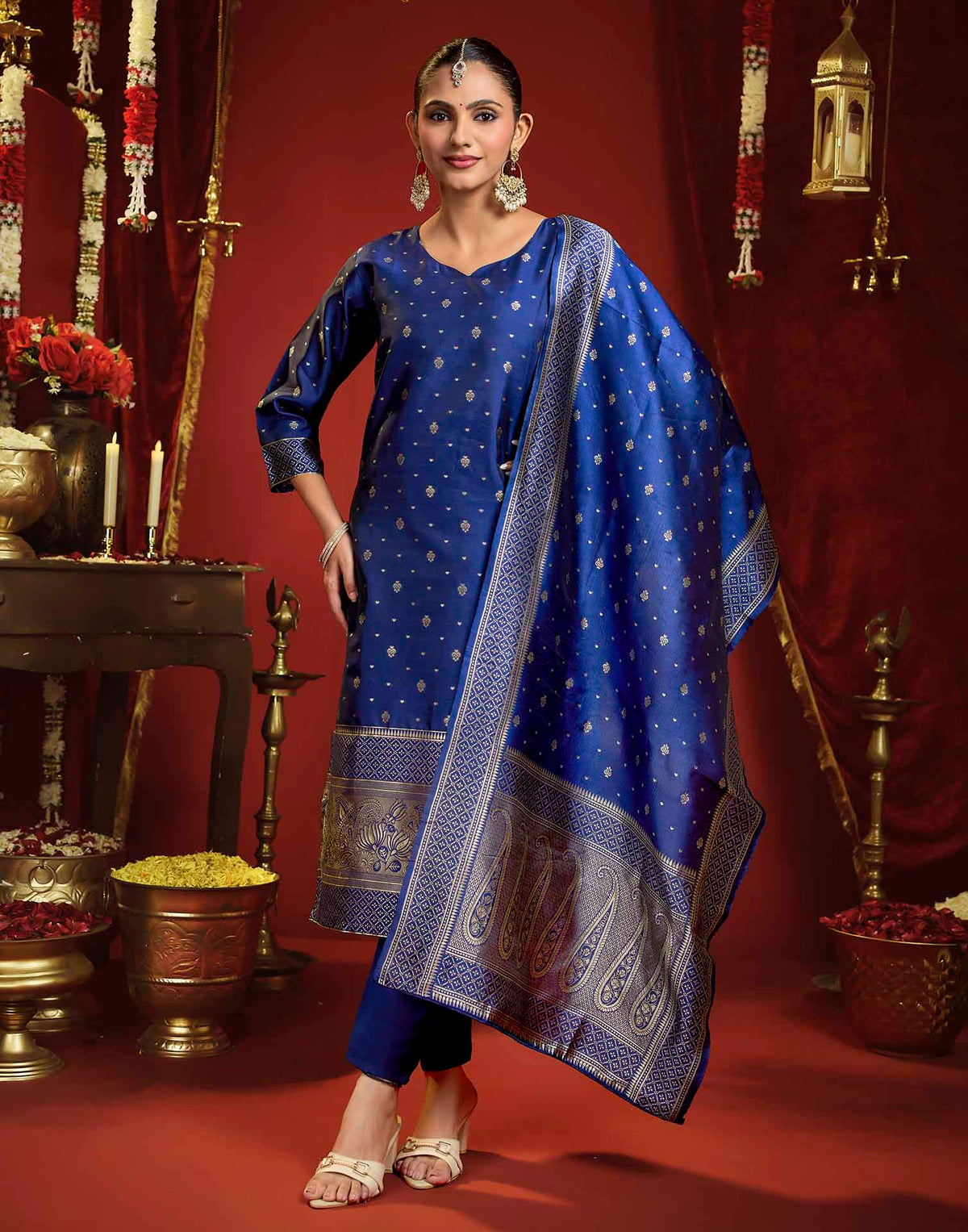 Navy Blue Silk Woven Straight Kurta Set With Dupatta