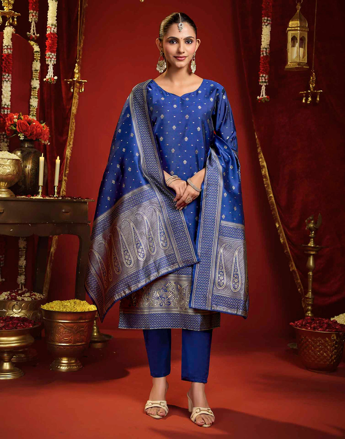 Navy Blue Silk Woven Straight Kurta Set With Dupatta