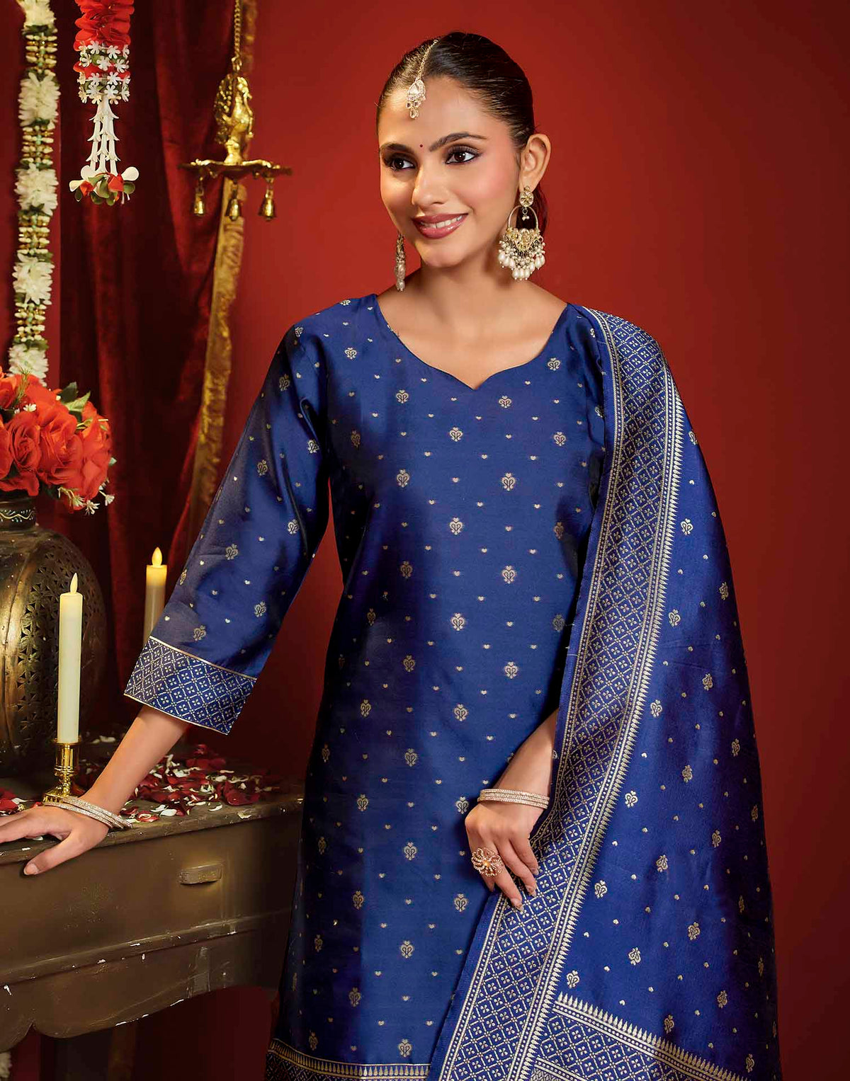 Navy Blue Silk Woven Straight Kurta Set With Dupatta