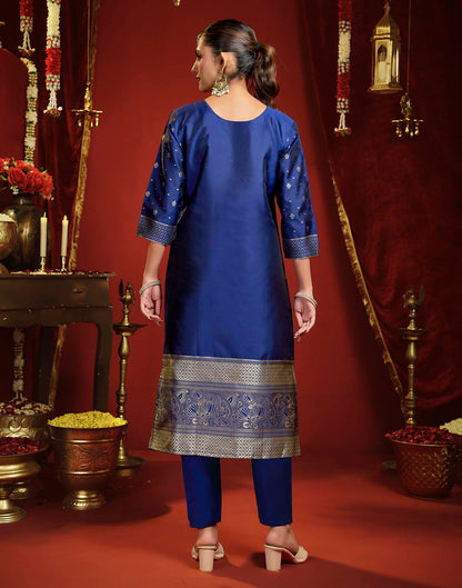 Navy Blue Silk Woven Straight Kurta Set With Dupatta