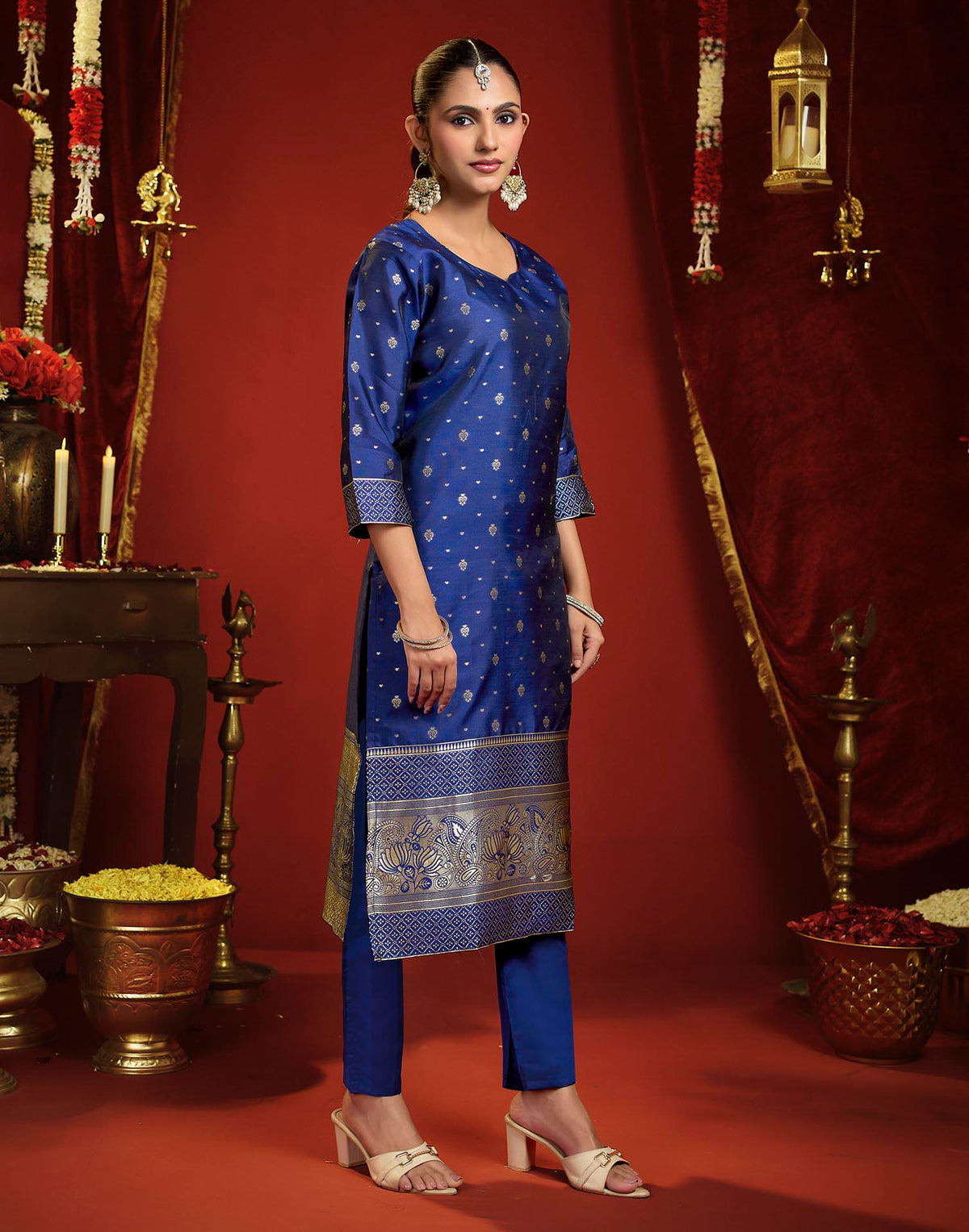 Navy Blue Silk Woven Straight Kurta Set With Dupatta