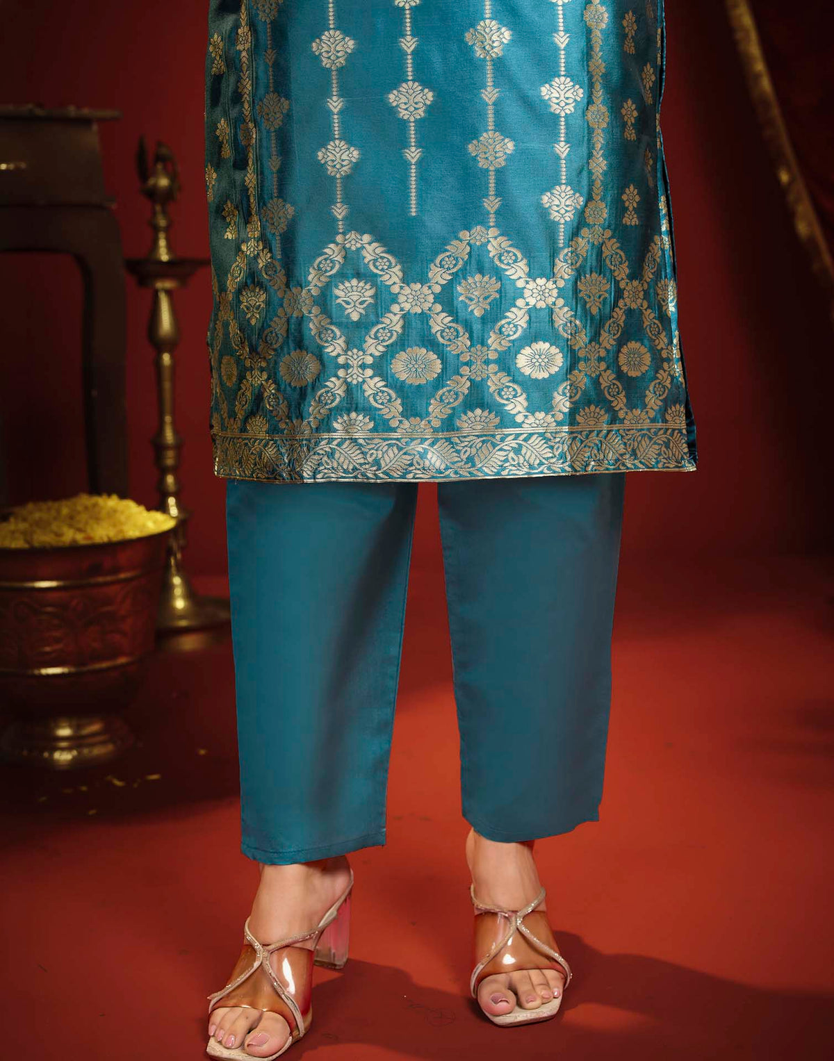 Teal Blue Silk Woven Straight Kurta Set With Dupatta