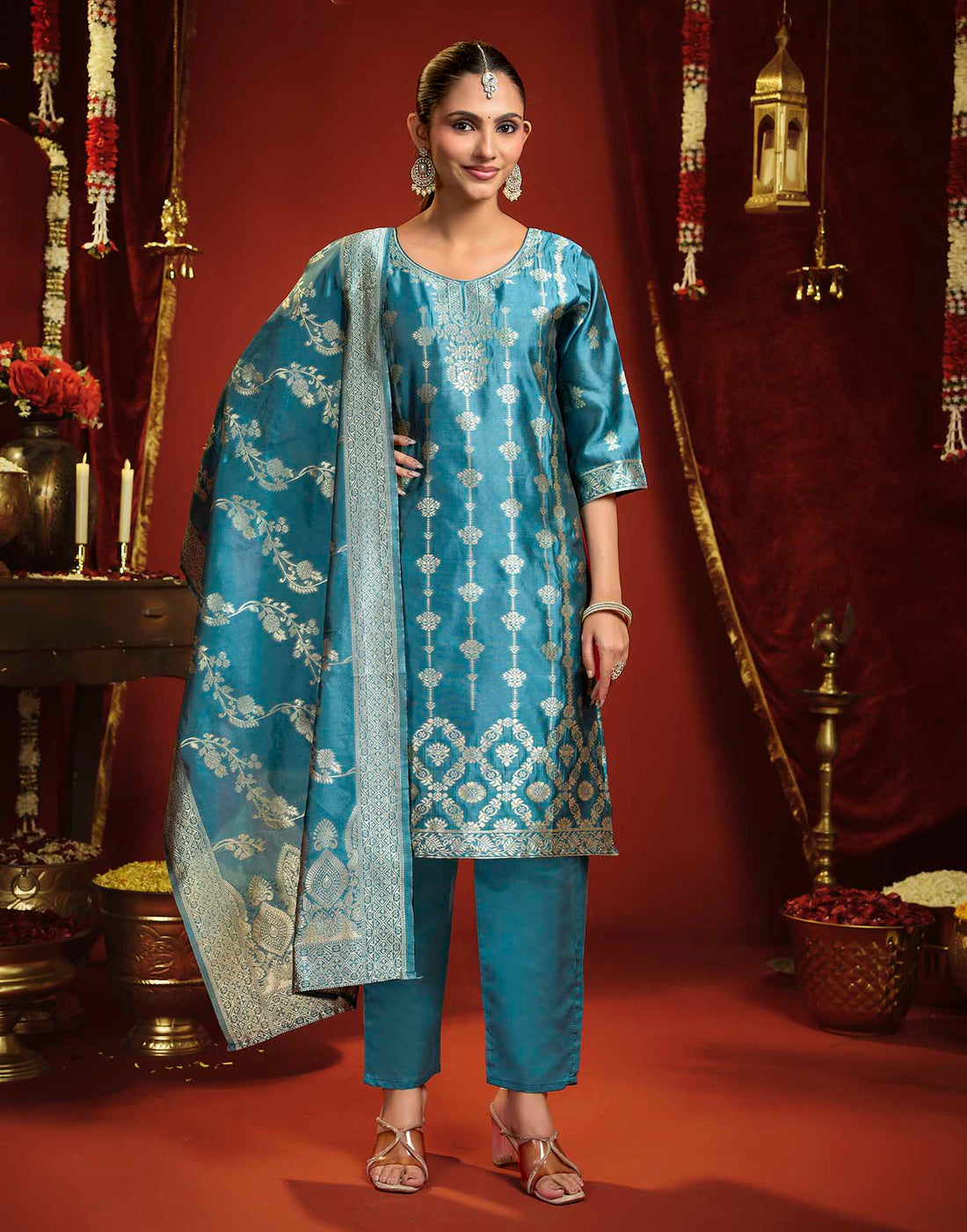 Teal Blue Silk Woven Straight Kurta Set With Dupatta