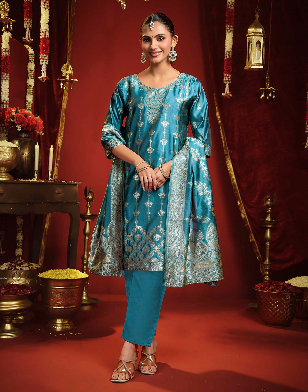 Teal Blue Silk Woven Straight Kurta Set With Dupatta