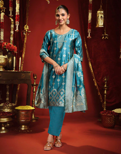 Teal Blue Silk Woven Straight Kurta Set With Dupatta