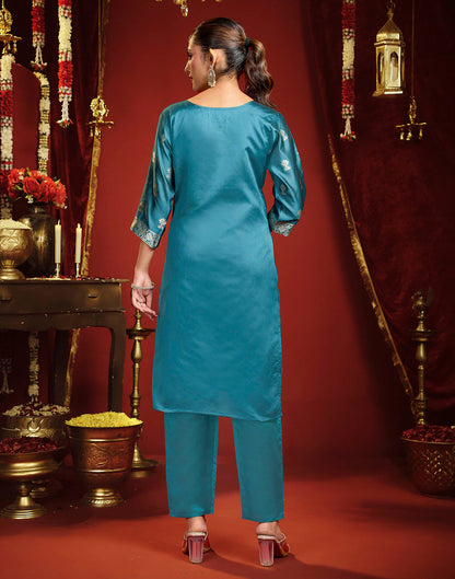 Teal Blue Silk Woven Straight Kurta Set With Dupatta