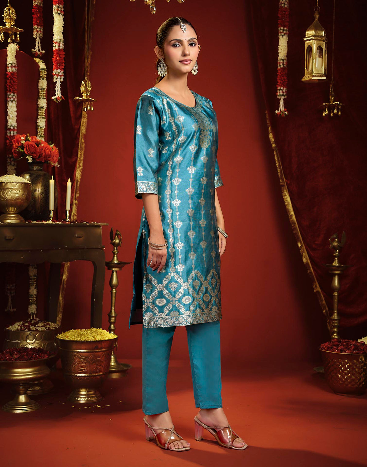 Teal Blue Silk Woven Straight Kurta Set With Dupatta