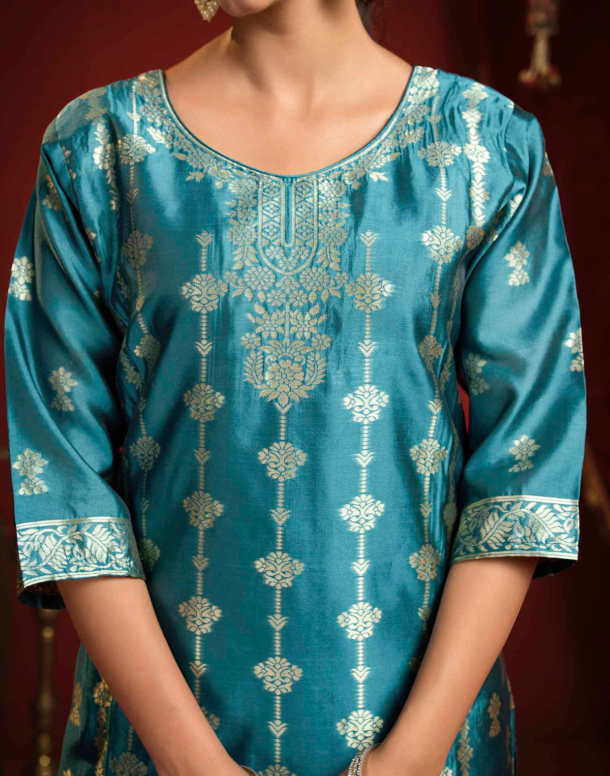 Teal Blue Silk Woven Straight Kurta Set With Dupatta
