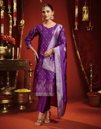 Dark Purple Silk Woven Straight Kurta Set With Dupatta