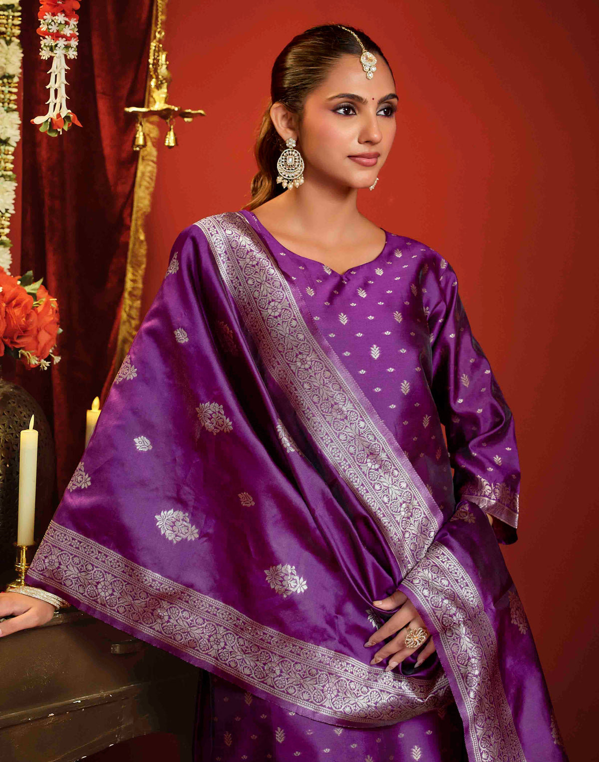 Dark Purple Silk Woven Straight Kurta Set With Dupatta